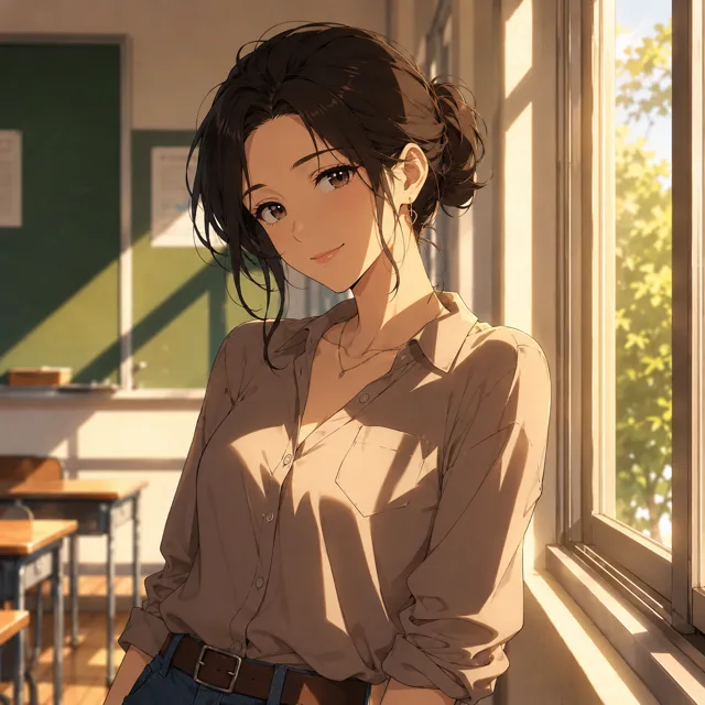 教室の窓際の女性