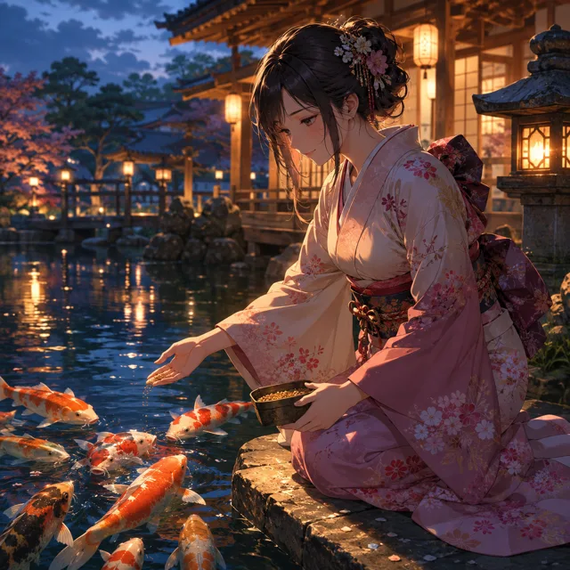 浴衣の女性と錦鯉