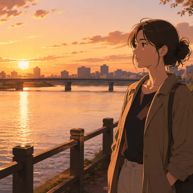夕暮れの川沿いの女性