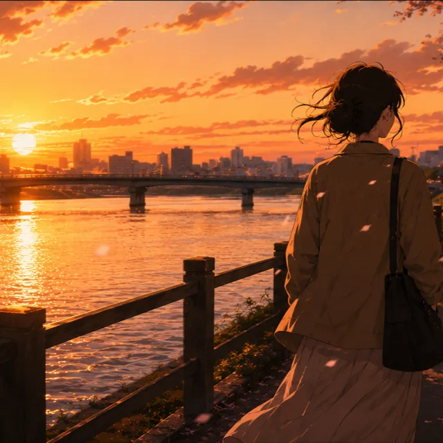 桜並木を歩く女性
