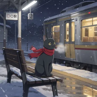 雪の駅の黒猫
