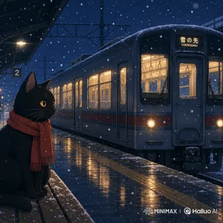 雪の駅の黒猫