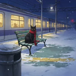 雪の駅の黒猫