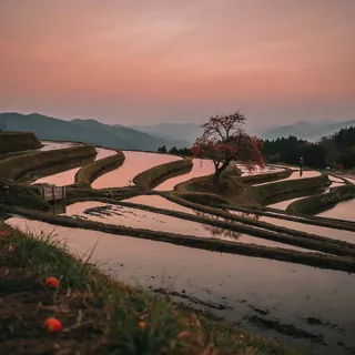夕暮れの棚田と柿の木