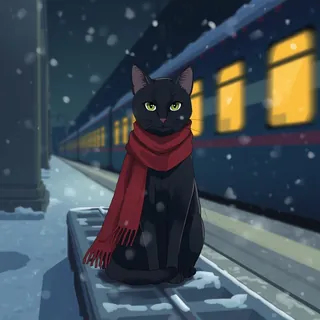 雪の駅の黒猫