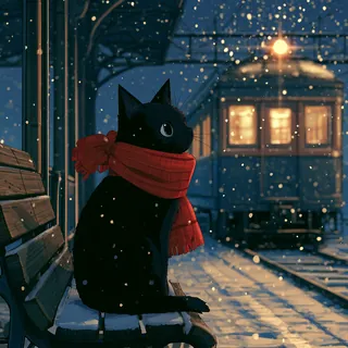 雪の駅の黒猫