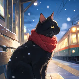 雪の駅の黒猫
