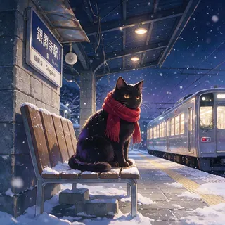 雪の駅の黒猫