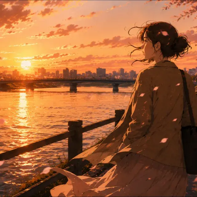 夕焼けの川辺の女性