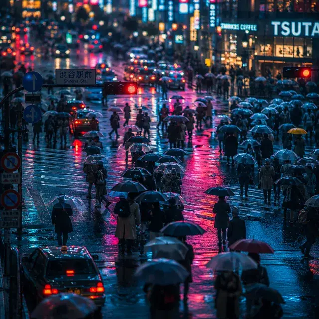 雨の夜の交差点