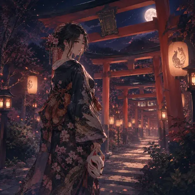 朱色の鳥居と提灯