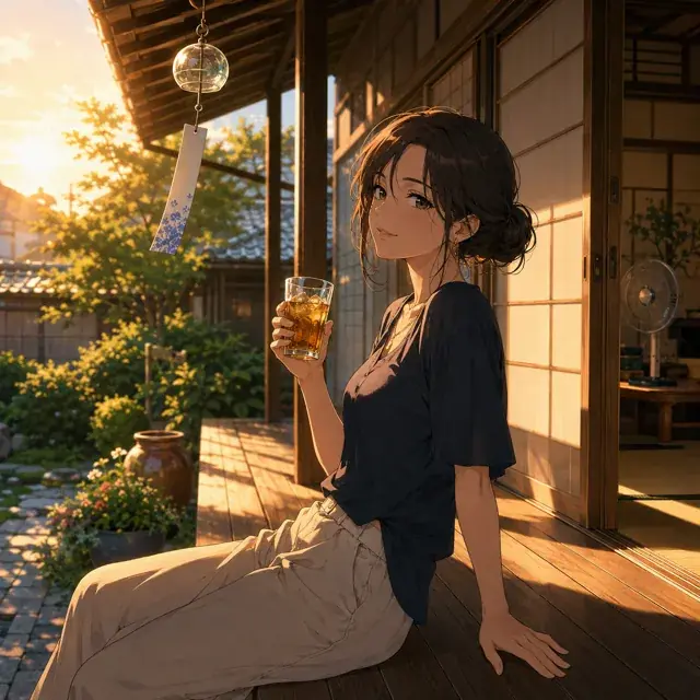 縁側の女性と風鈴